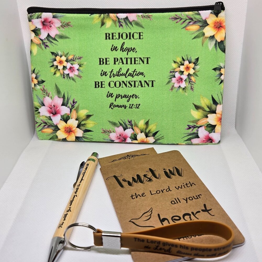 NEW INSPIRATIONAL FAITH CANVAS POUCH, NOTEPAD, PEN, BOOKMARK & KEYCHAIN GIFT SET